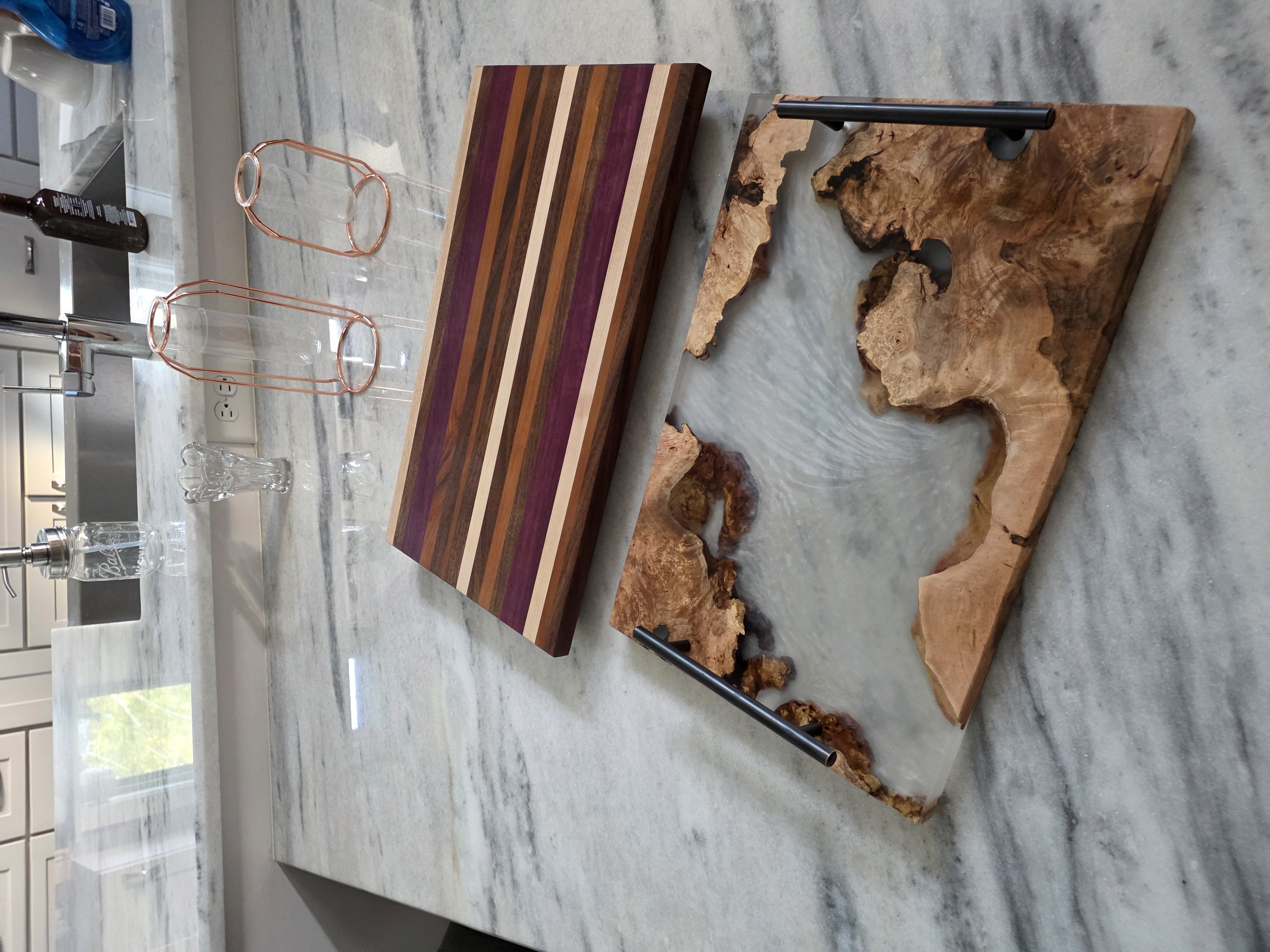 Live-Edge Burl and Pearlescent Translucent Resin Serving Tray with Matte Black Hardware