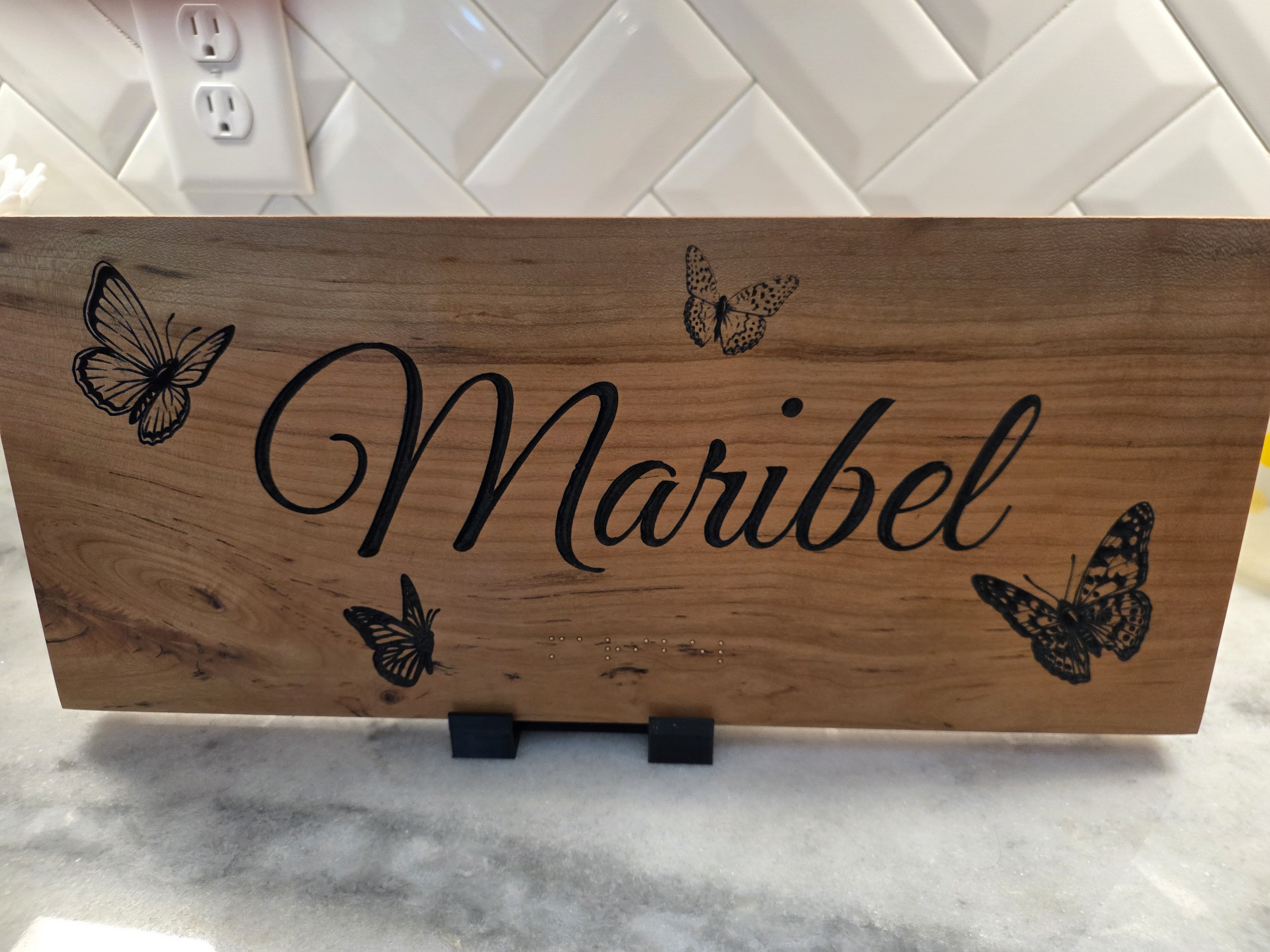Maribel Personalized Nameplate Sign with Monarch Butterflies and Tactile Braille in Solid Hardwood