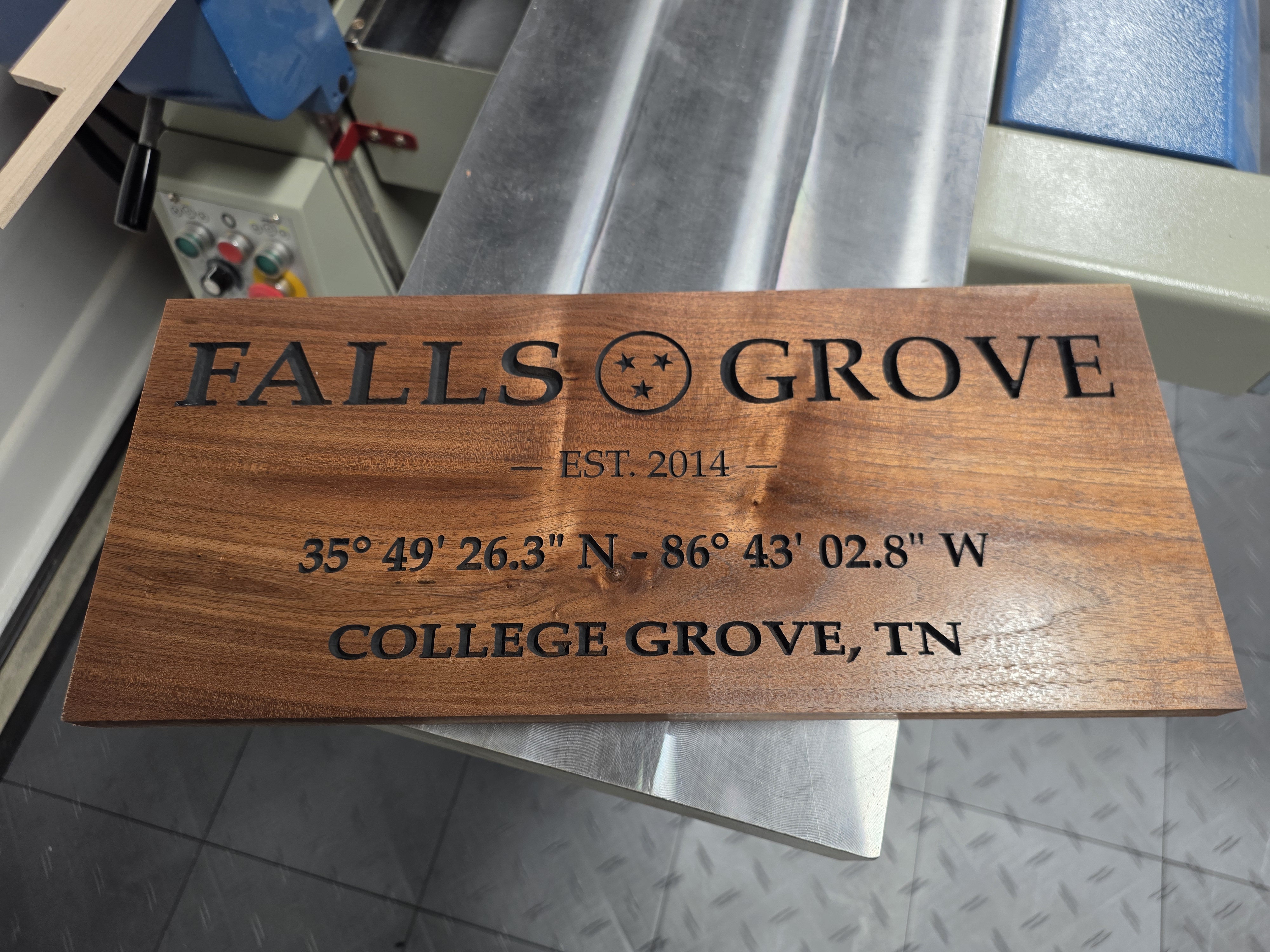 Falls Grove Solid Walnut Estate Sign with Tennessee Tri-Star Emblem and GPS Coordinates in College Grove TN