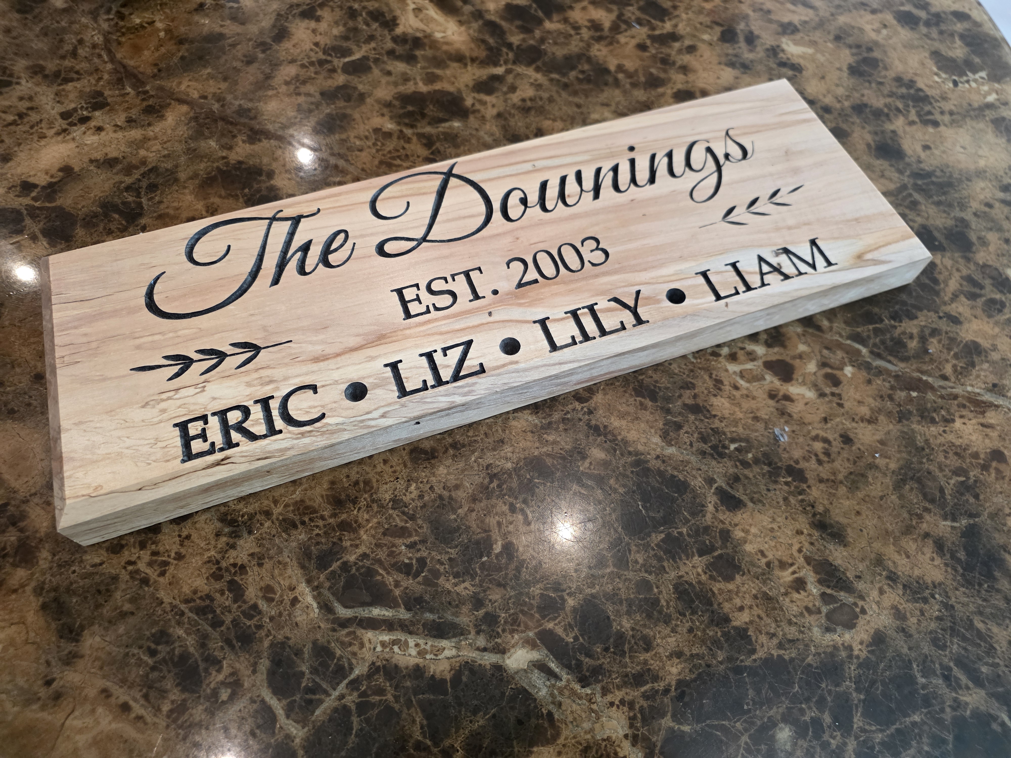 The Downings Established 2003 Custom Family Nameplate Sign in Solid Hardwood with Chamfered Edges
